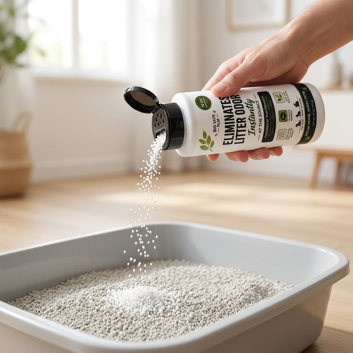 Sprinkling Pet Litter Maxx granules from the shaker cap into a litter box