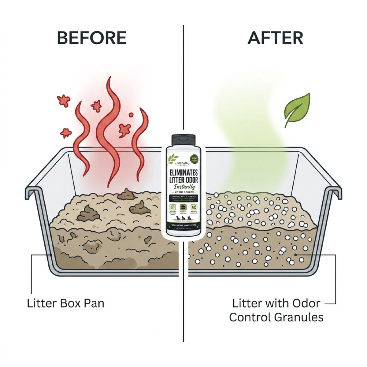 Before and after: an untreated litter box giving off odor versus one treated with Bio Safe PLM odor-control granules