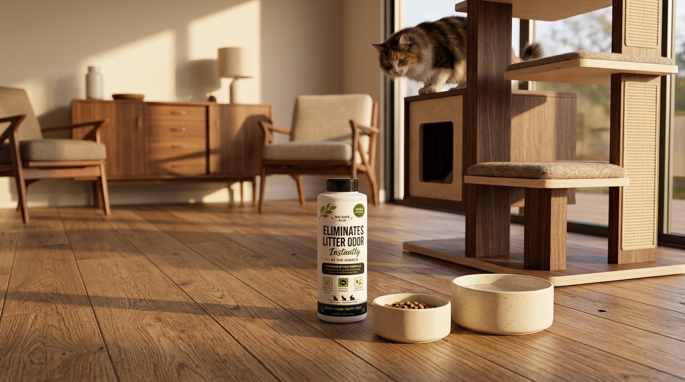 Pet Litter Maxx on a wood floor near a cat tree and feeding bowls