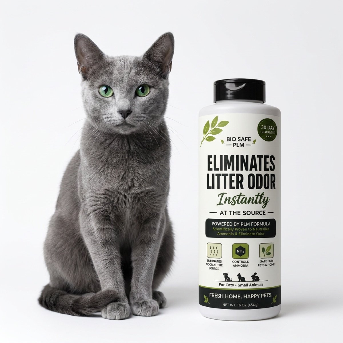 A grey cat sitting beside the Pet Litter Maxx bottle