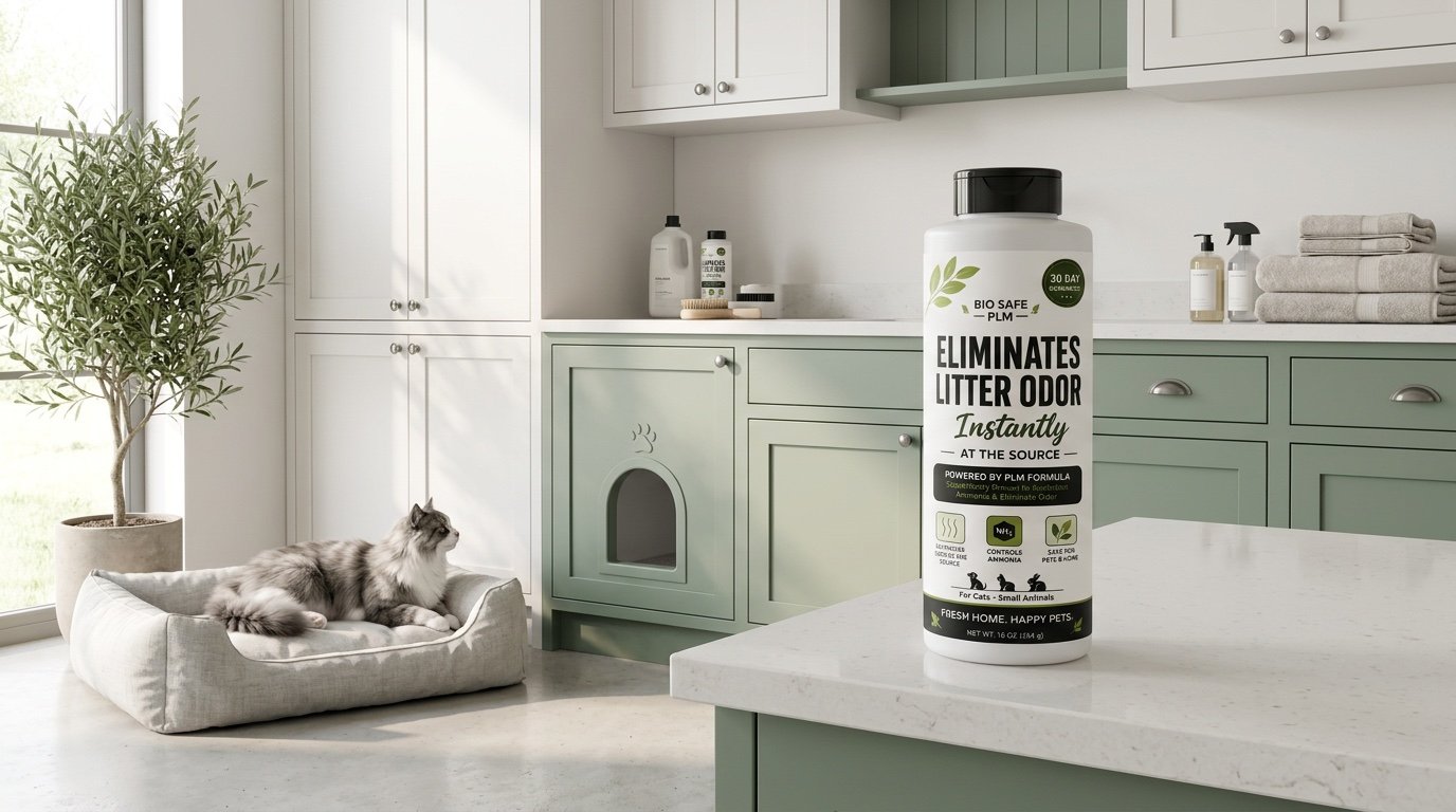 Bio Safe PLM on a kitchen counter beside a built-in litter cabinet and a resting cat