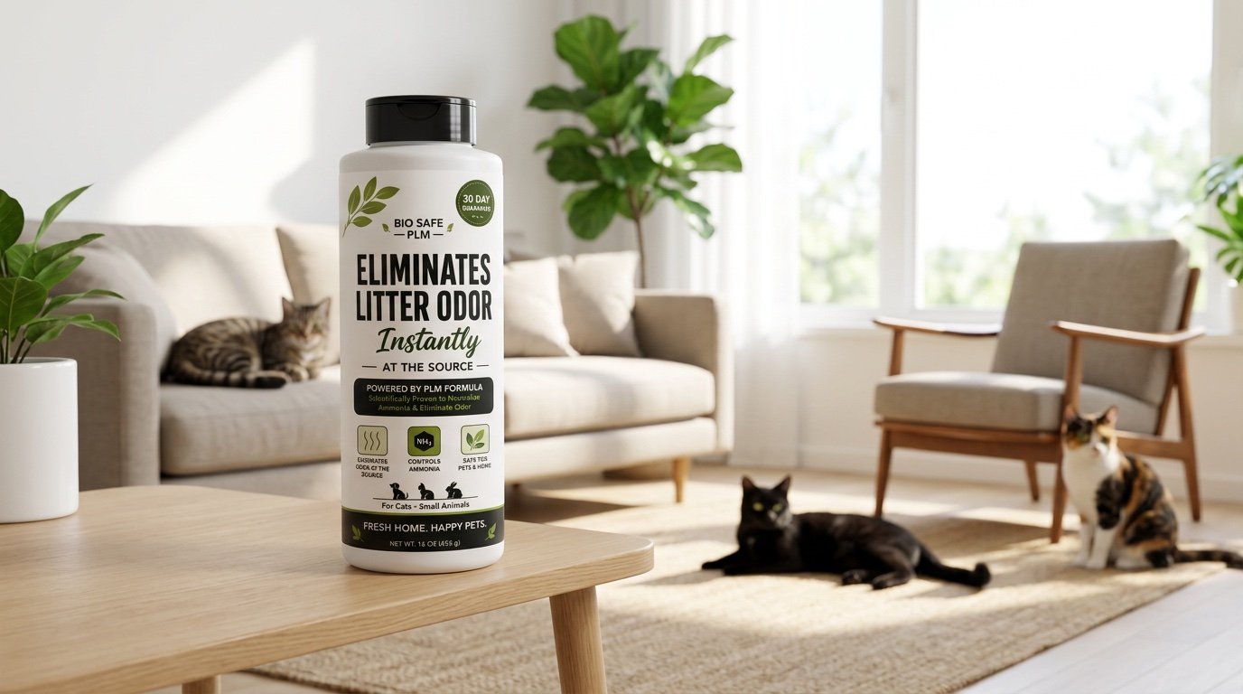 Pet Litter Maxx on a living room coffee table with three cats nearby