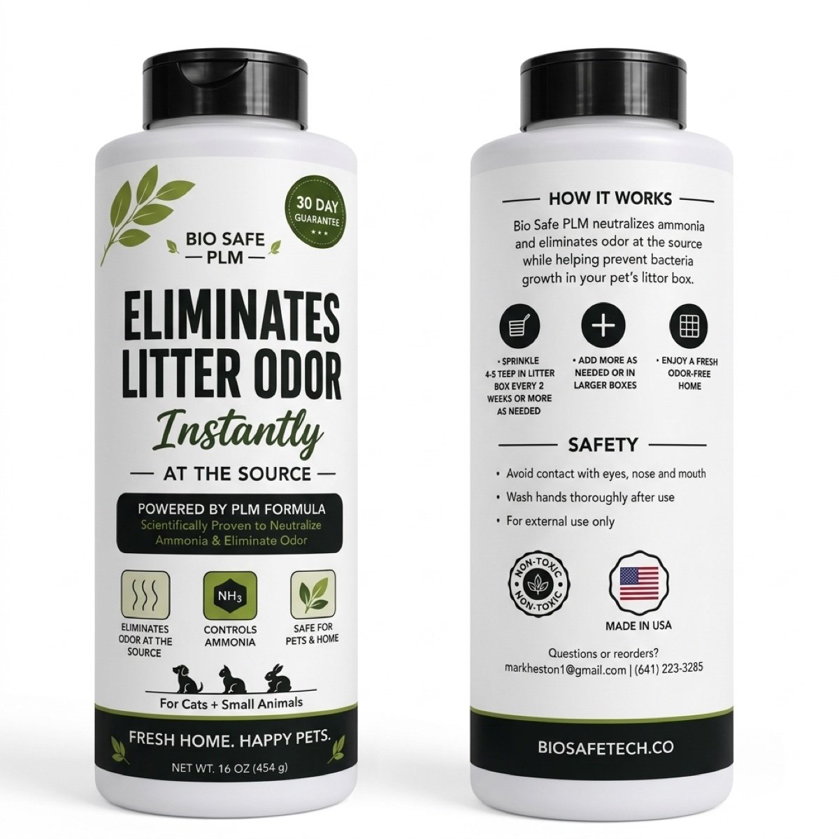 Bio Safe PLM 16 oz shaker bottle, front and back labels