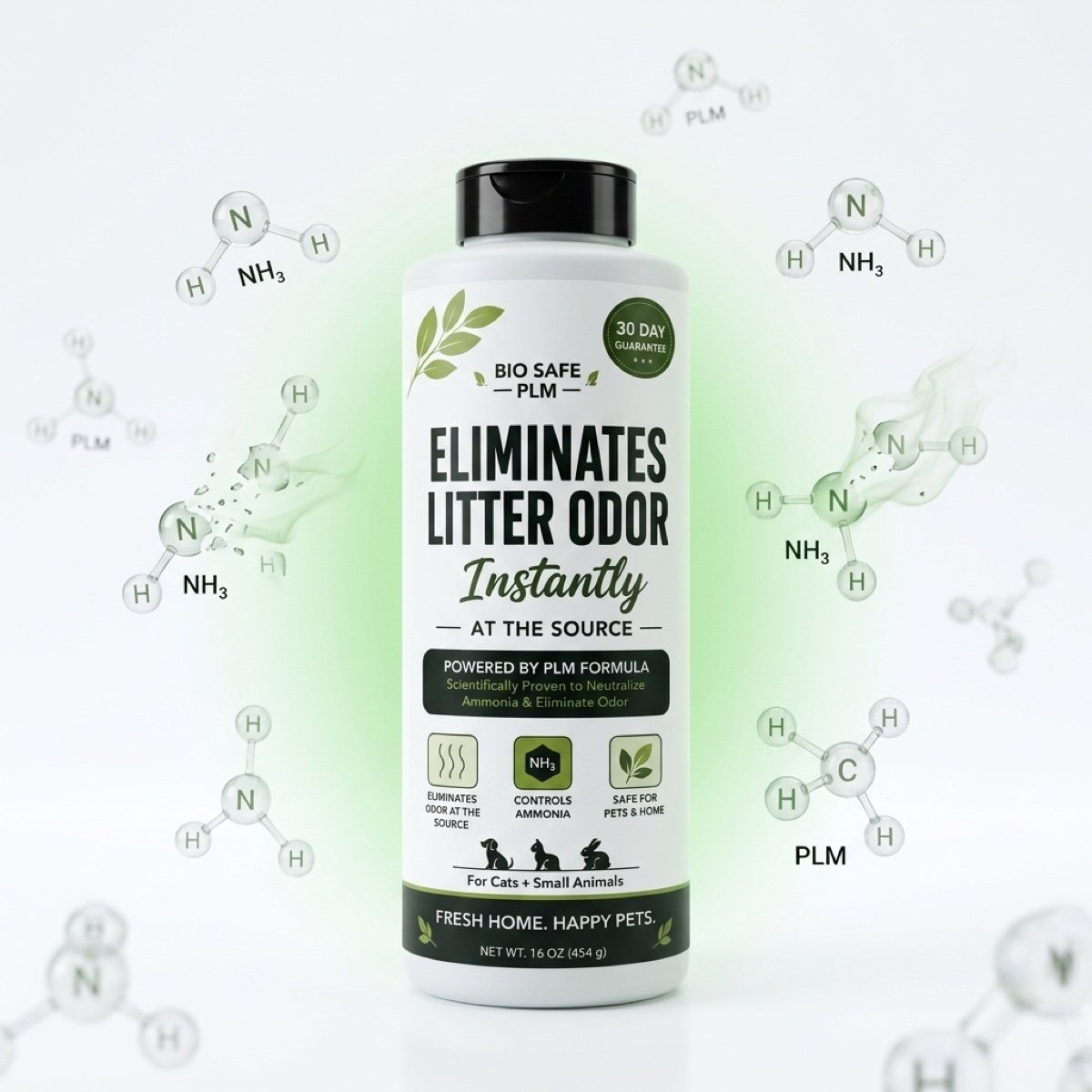 Ammonia molecules breaking apart around the Pet Litter Maxx bottle
